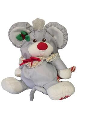 Vintage 1987 Fisher Price Puffalump Grey Christmas Mouse w/Candy Cane Plush Toy